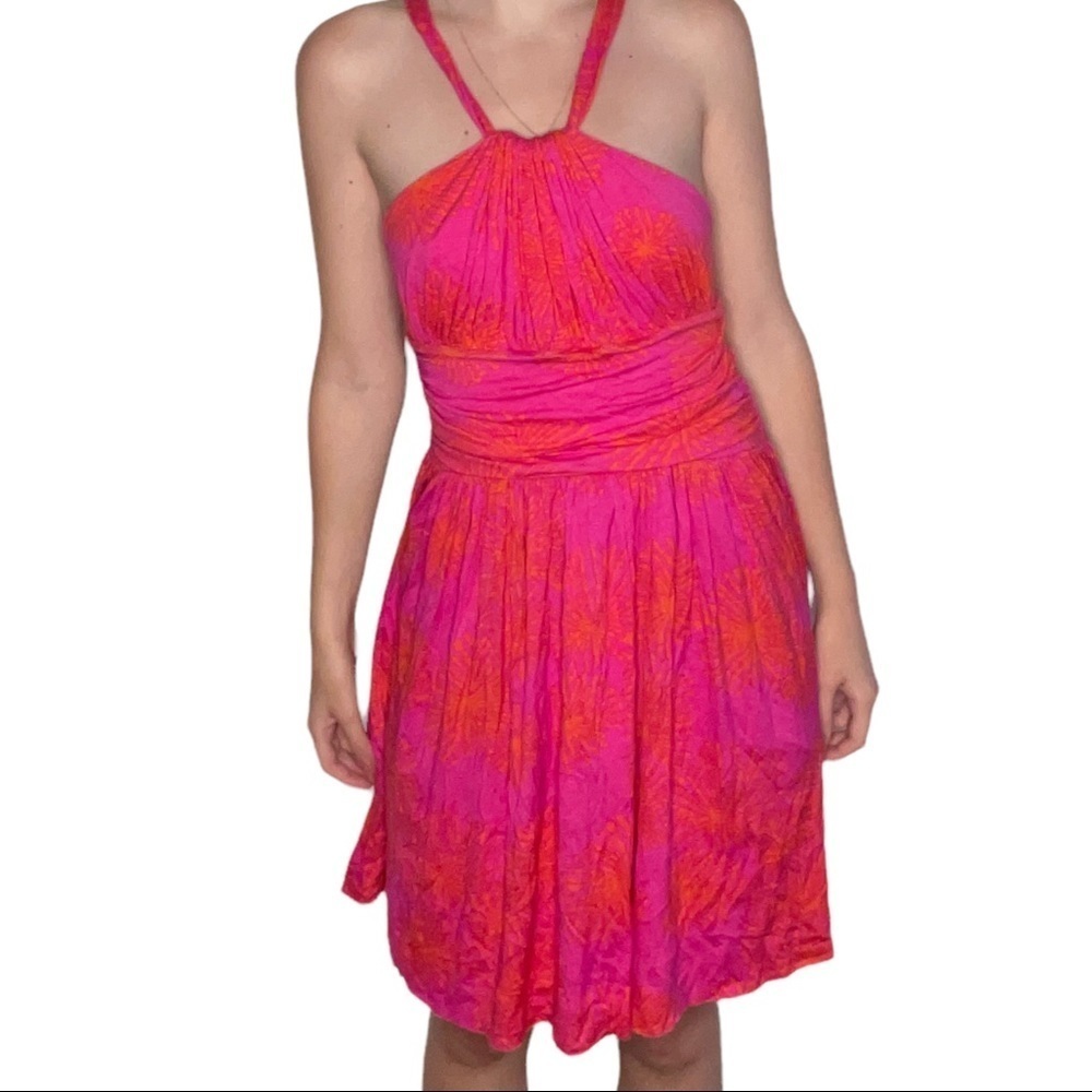 RACHEL Pally Pink And Orange Floral Hawaiian Halter Neck Adjustable Mini Dress - Picture 5 of 6